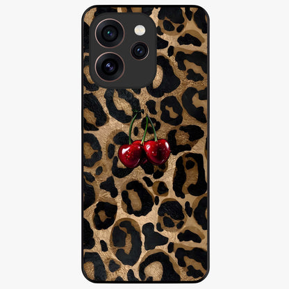 Leopard Wild Cherry Glass Case showing flat back view with leopard pattern and cherry artwork and glossy glass finish.