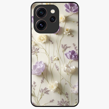 Lilac Breeze Harmony Glass Case showing flat back view with soft lilac themed artwork and glossy glass finish.