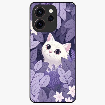Lilac Hide Peek Cat Glass Case showing flat back view with cute peeking cat artwork and glossy glass finish.