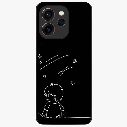 Line Art Boy With Shooting Stars Glass Case showing flat back view with minimal line art boy and shooting stars illustration and glossy glass finish.