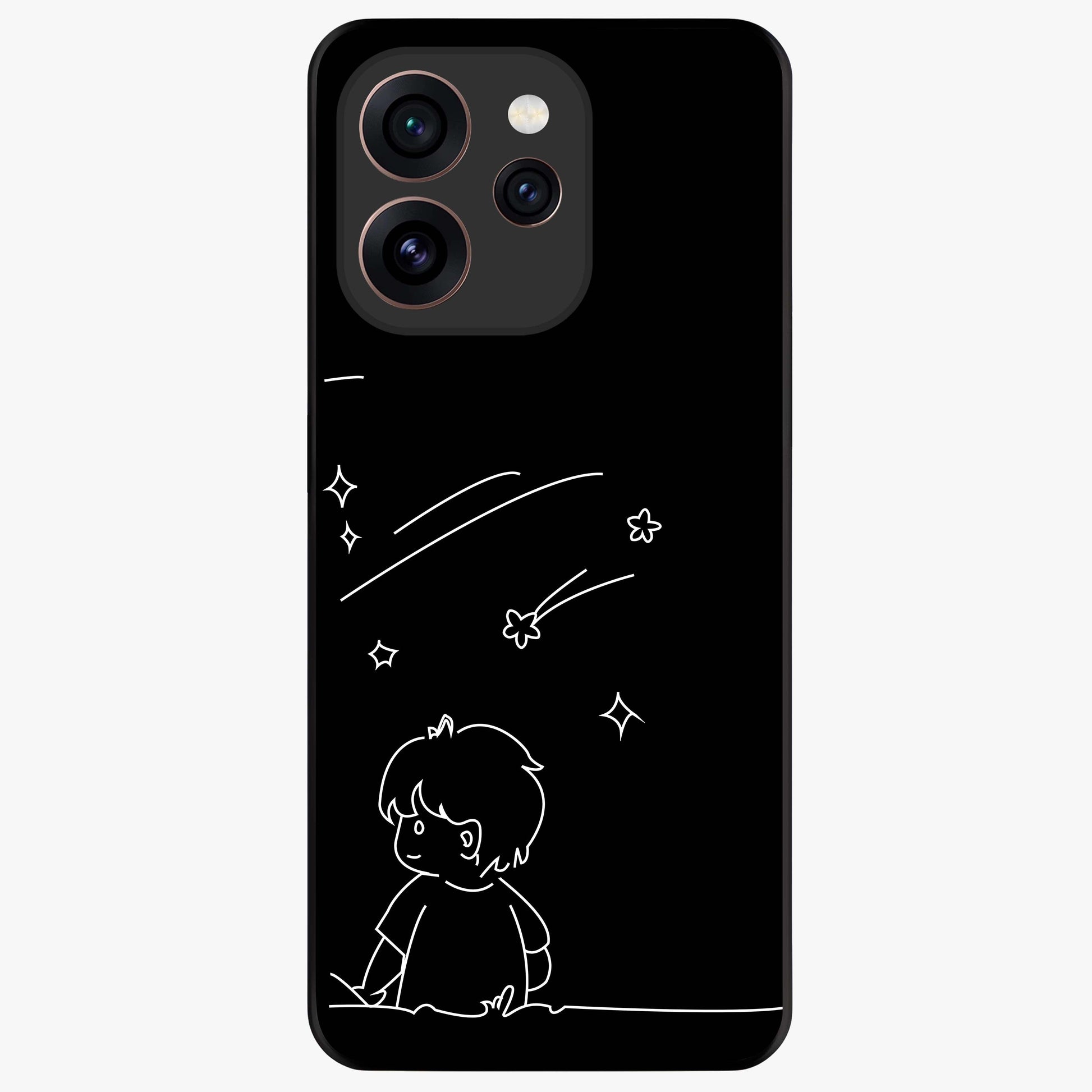 Line Art Boy With Shooting Stars Glass Case showing flat back view with minimal line art boy and shooting stars illustration and glossy glass finish.