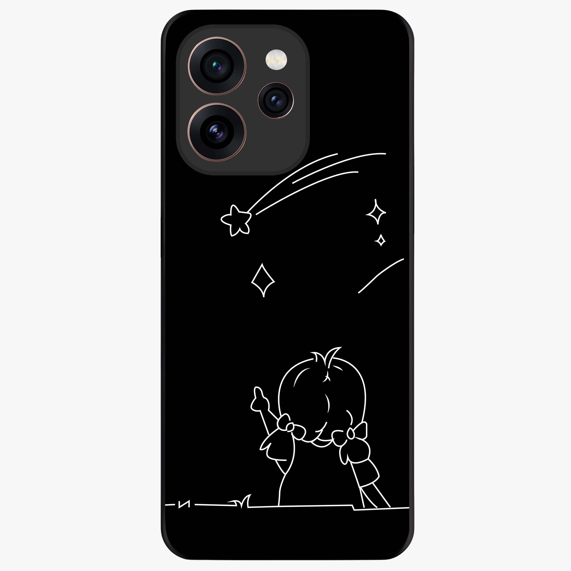 Line Art Girl With Shooting Stars Glass Case showing flat back view with minimal line art girl and shooting stars illustration and glossy glass finish.
