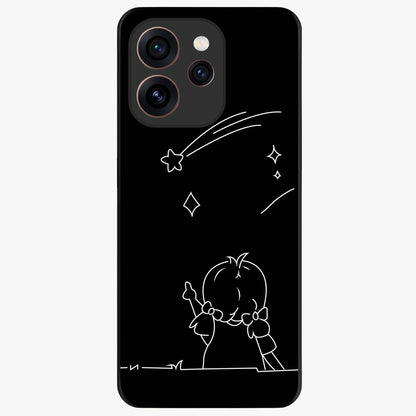 Line Art Girl With Shooting Stars Glass Case showing flat back view with minimal line art girl and shooting stars illustration and glossy glass finish.