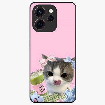 Love Matcha Cat Glass Case showing flat back view with cute cat and matcha themed artwork and glossy glass finish.