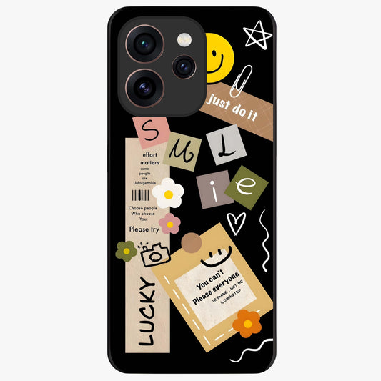 Lucky Aesthetic Collage Glass Case showing flat back view with trendy aesthetic collage artwork and glossy glass finish.
