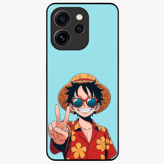 Luffy Summer Anime Vibe Glass Case showing flat back view with vibrant anime character artwork and glossy glass finish.