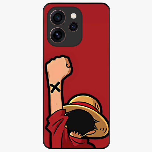 Luffy X Spirit Glass Case showing flat back view with bold anime character artwork and glossy glass finish.
