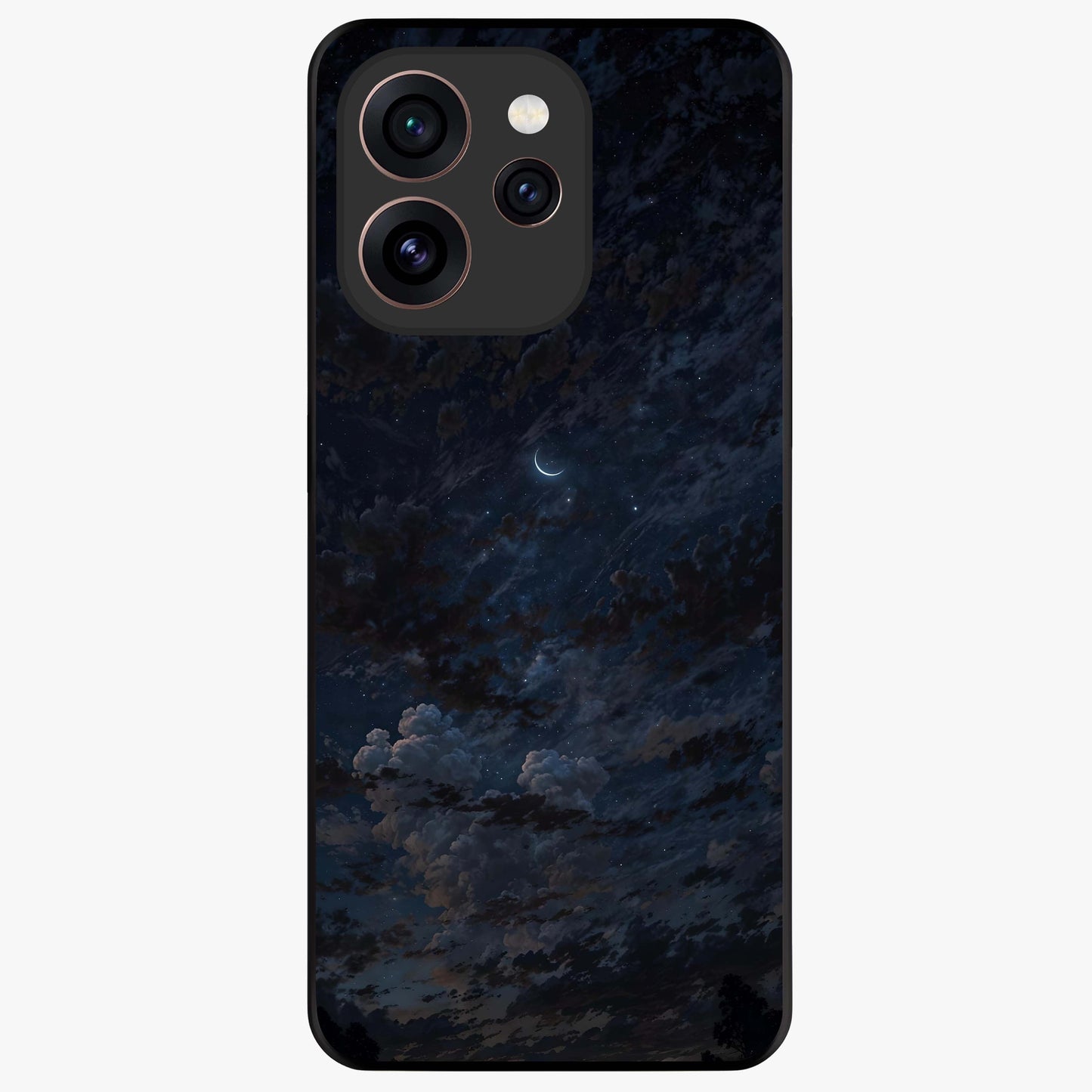 Lunar Veil Silence Glass Case showing flat back view with mystical moon veil artwork and glossy glass finish.