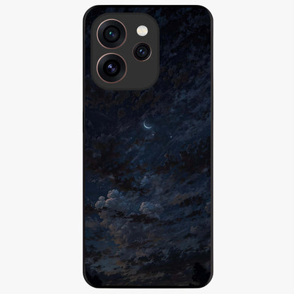 Lunar Veil Silence Glass Case showing flat back view with mystical moon veil artwork and glossy glass finish.