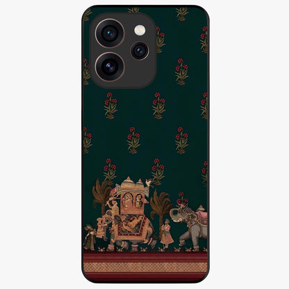Macmerise Glass Case showing flat back view with stylish modern artwork and glossy glass finish.