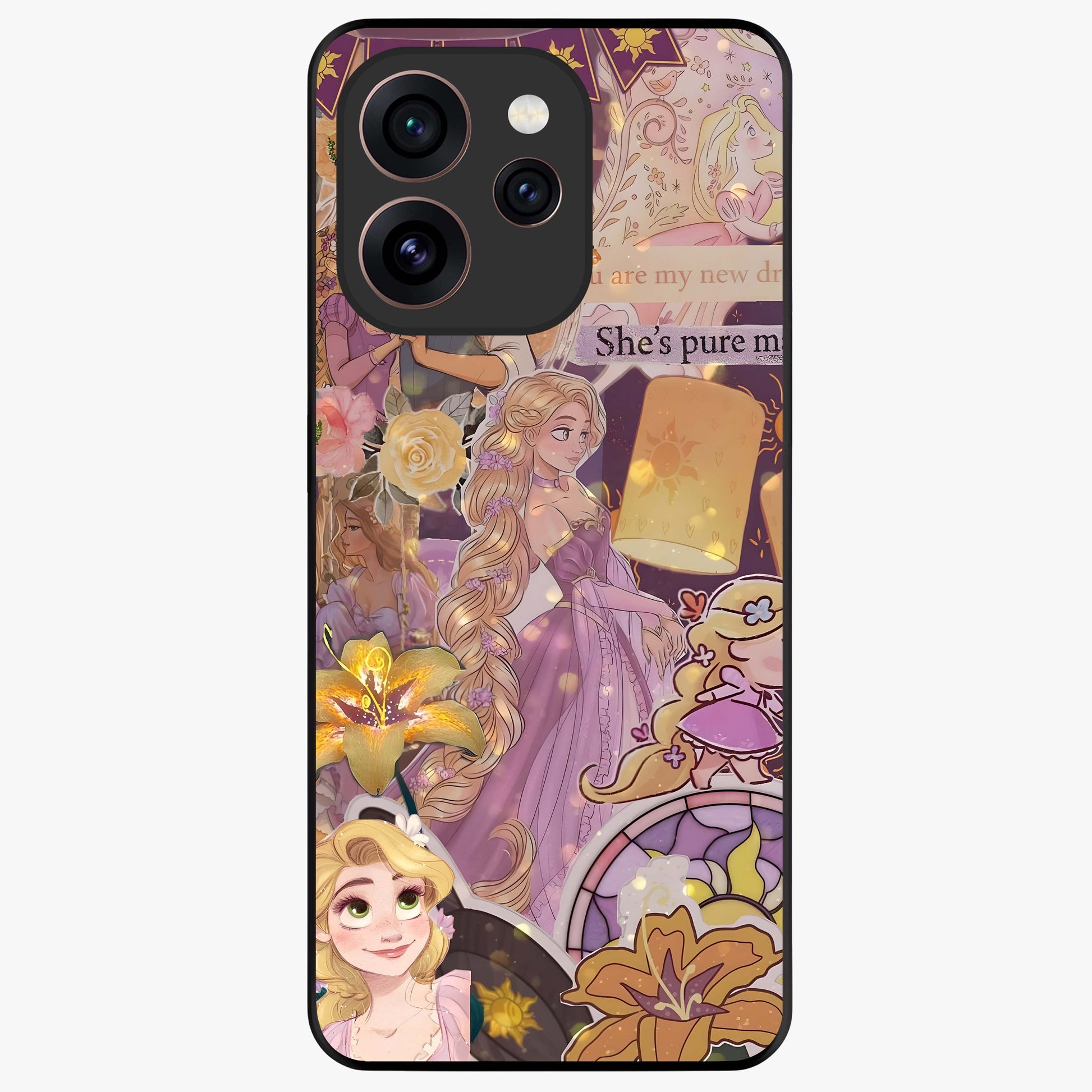 Magical Tangled Dream Glass Case showing flat back view with dreamy tangled artwork and glossy glass finish.