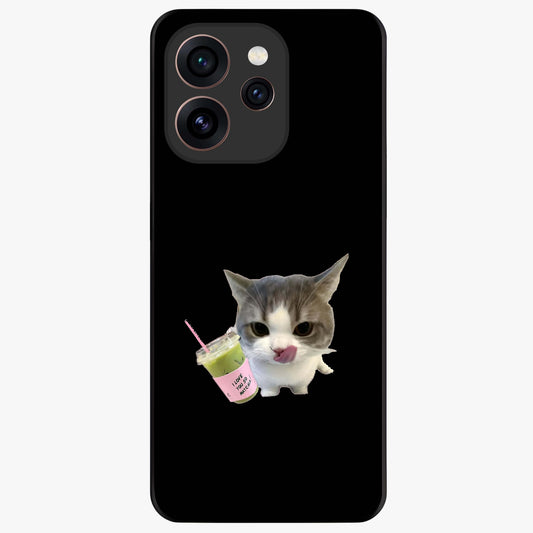 Matcha Cat Style Glass Case showing flat back view with cute matcha themed cat artwork and glossy glass finish.