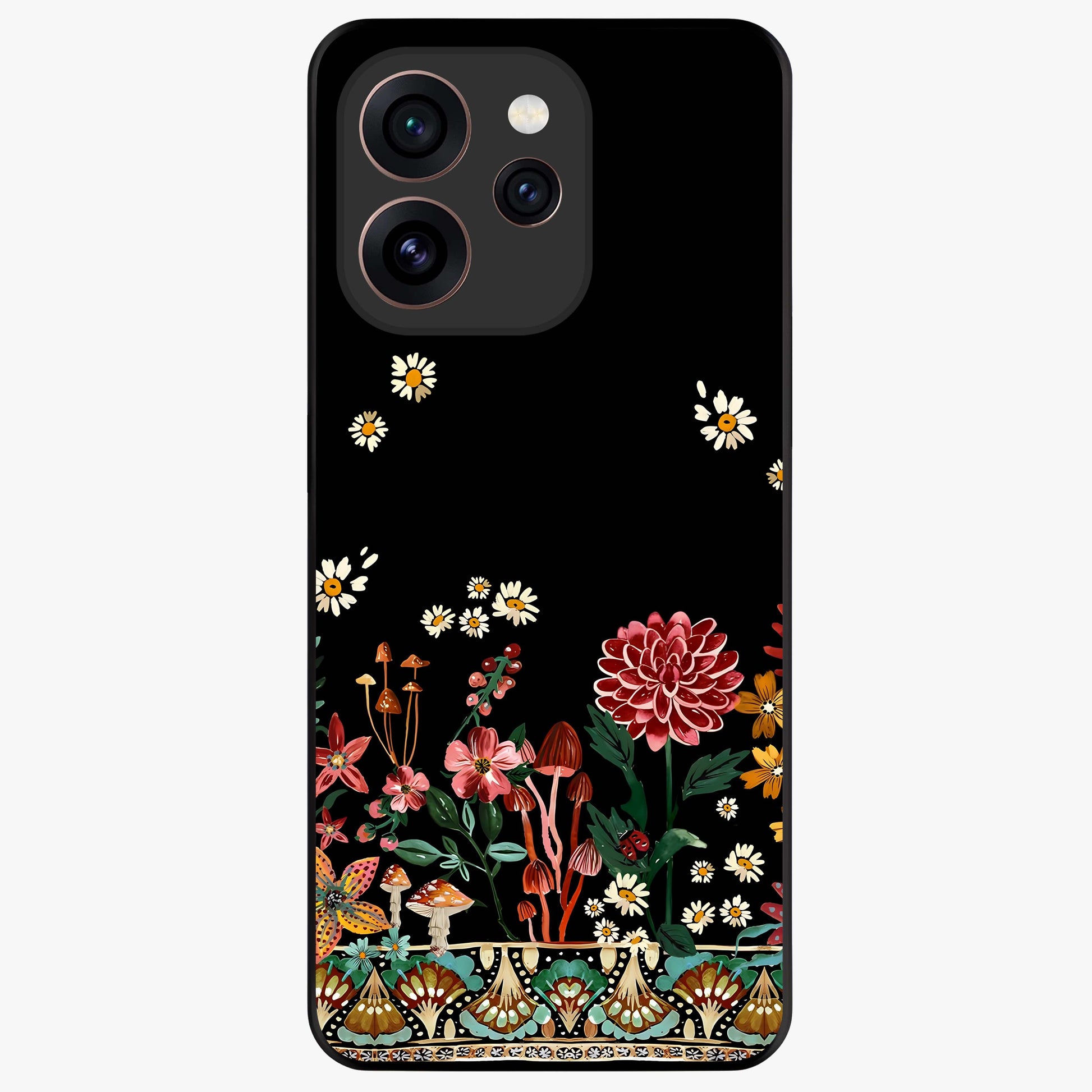 Midnight Bloom Pattern Glass Case showing flat back view with dark floral pattern artwork and glossy glass finish.