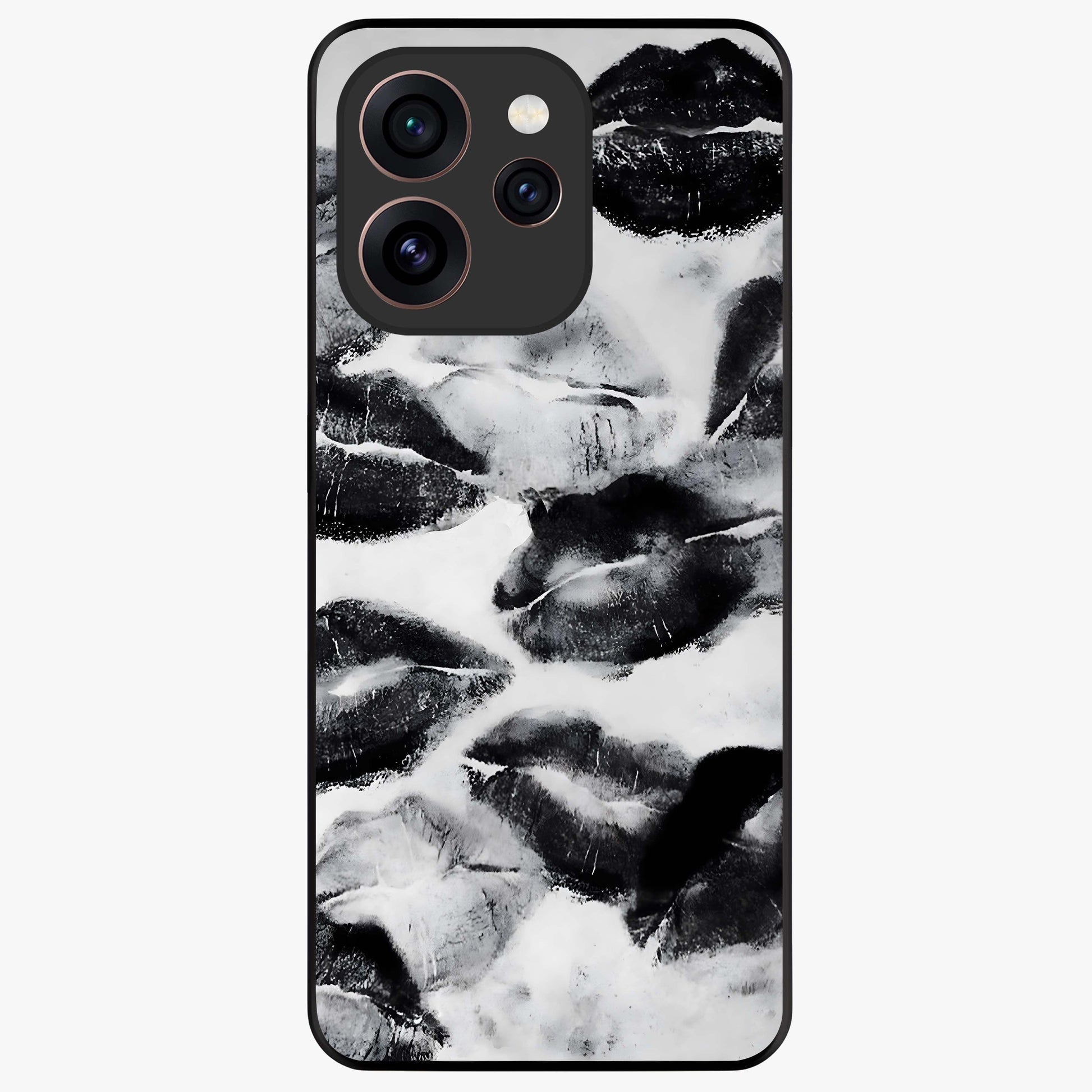Midnight Kiss Marks Glass Case showing flat back view with lipstick kiss mark artwork and glossy glass finish.