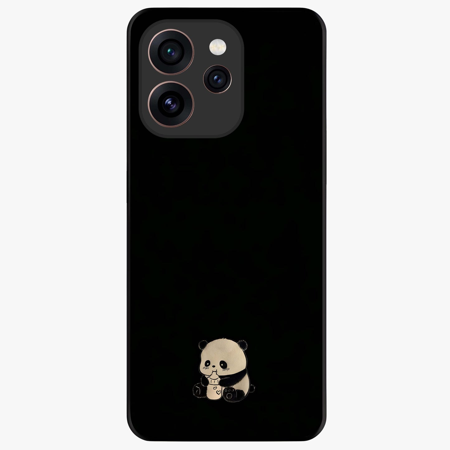 Midnight Panda Love Glass Case showing flat back view with cute panda themed artwork and glossy glass finish.