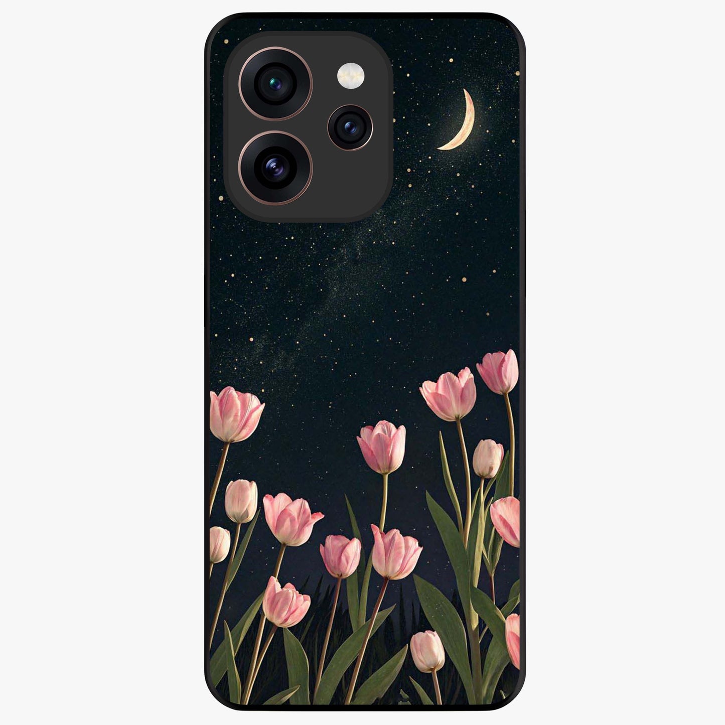 Midnight Tulip Whispers Vibe Glass Case showing flat back view with elegant tulip flower artwork and glossy glass finish.