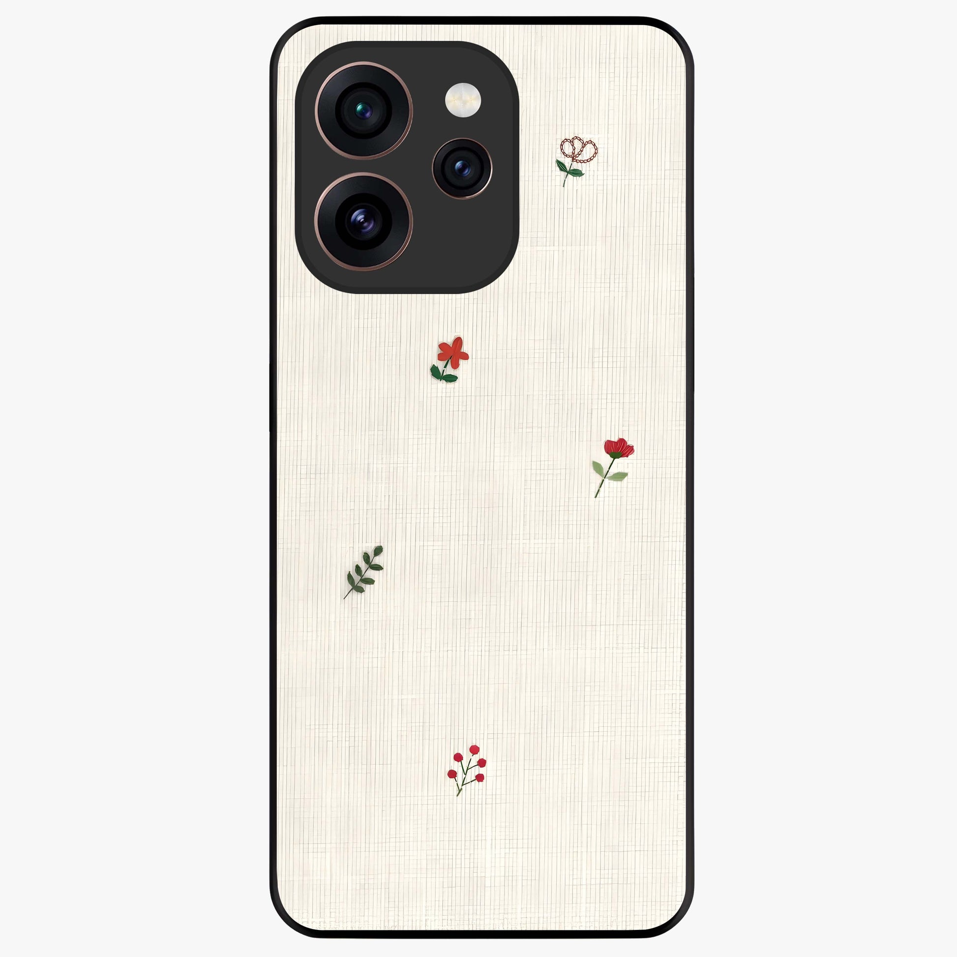 Minimal Petal Whispers Glass Case showing flat back view with soft minimal floral artwork and glossy glass finish.