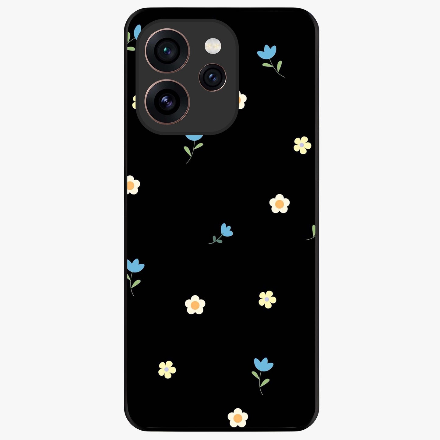 Minimalistic Blue With White Flower Pattern Glass Case showing flat back view with blue background and white flower pattern and glossy glass finish.