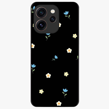 Minimalistic Blue With White Flower Pattern Glass Case showing flat back view with blue background and white flower pattern and glossy glass finish.