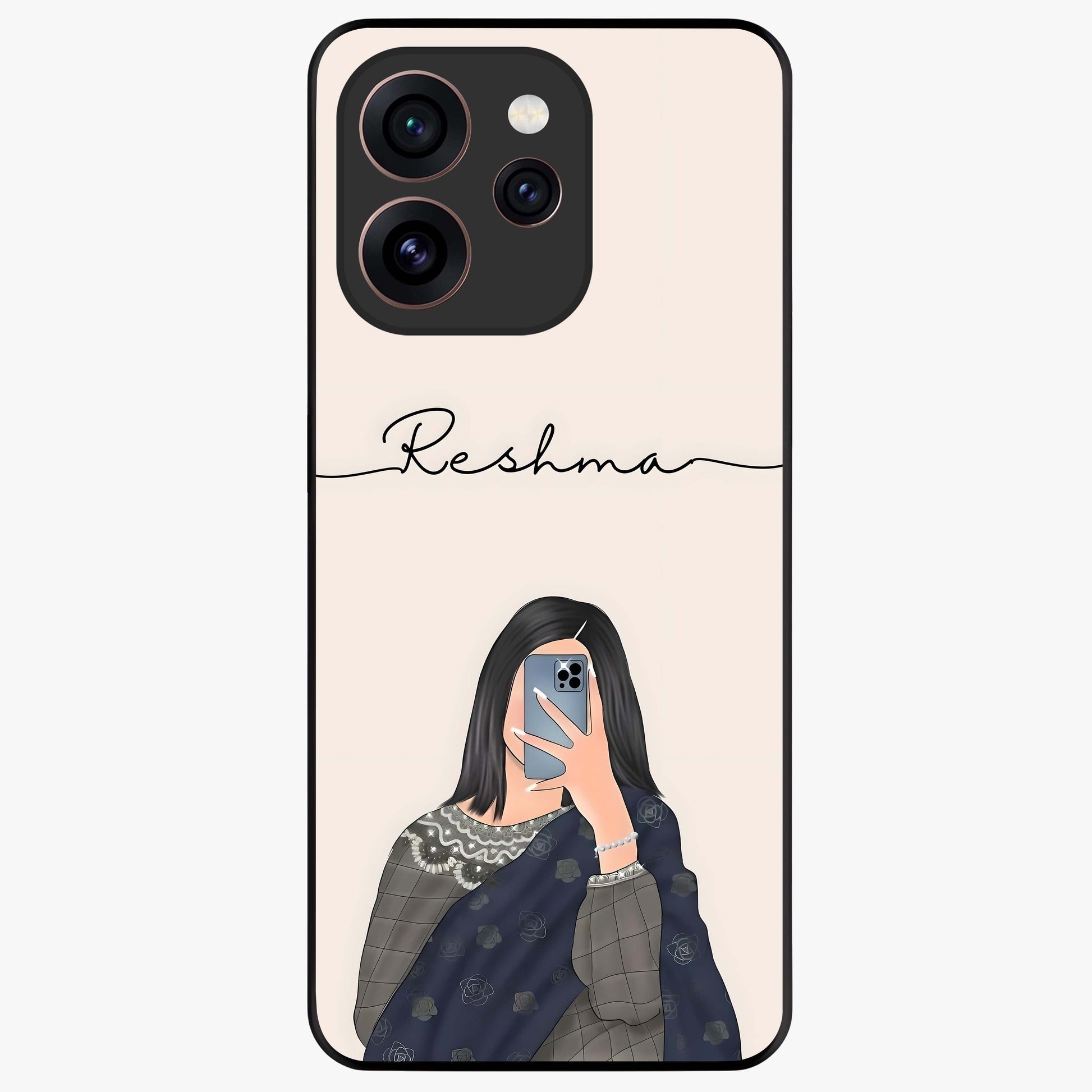 Mirror Mood Muse With Custom Name Glass Case showing flat back view with stylish mirrored artwork and personalized name design.