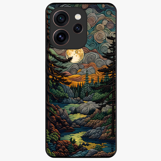 Moonlight Forest Dream Glass Case showing flat back view with mystical forest moonlight artwork and glossy glass finish.