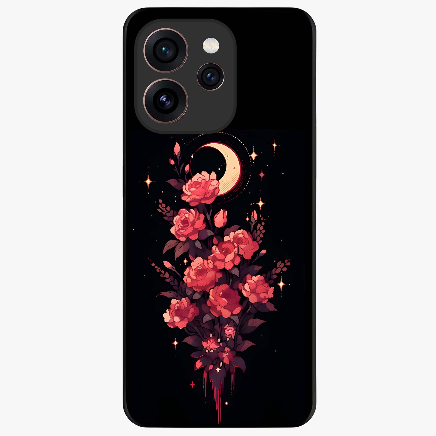 Moonlit Floral Elegance Glass Case showing flat back view with elegant floral artwork under moonlit tones and glossy glass finish.