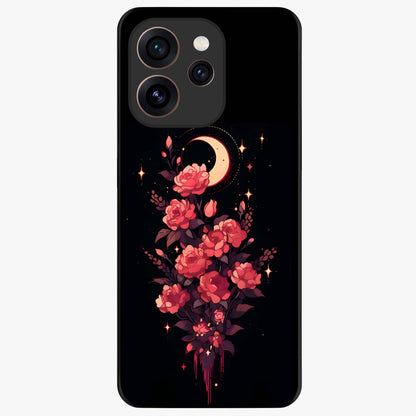 Moonlit Floral Elegance Glass Case showing flat back view with elegant floral artwork under moonlit tones and glossy glass finish.