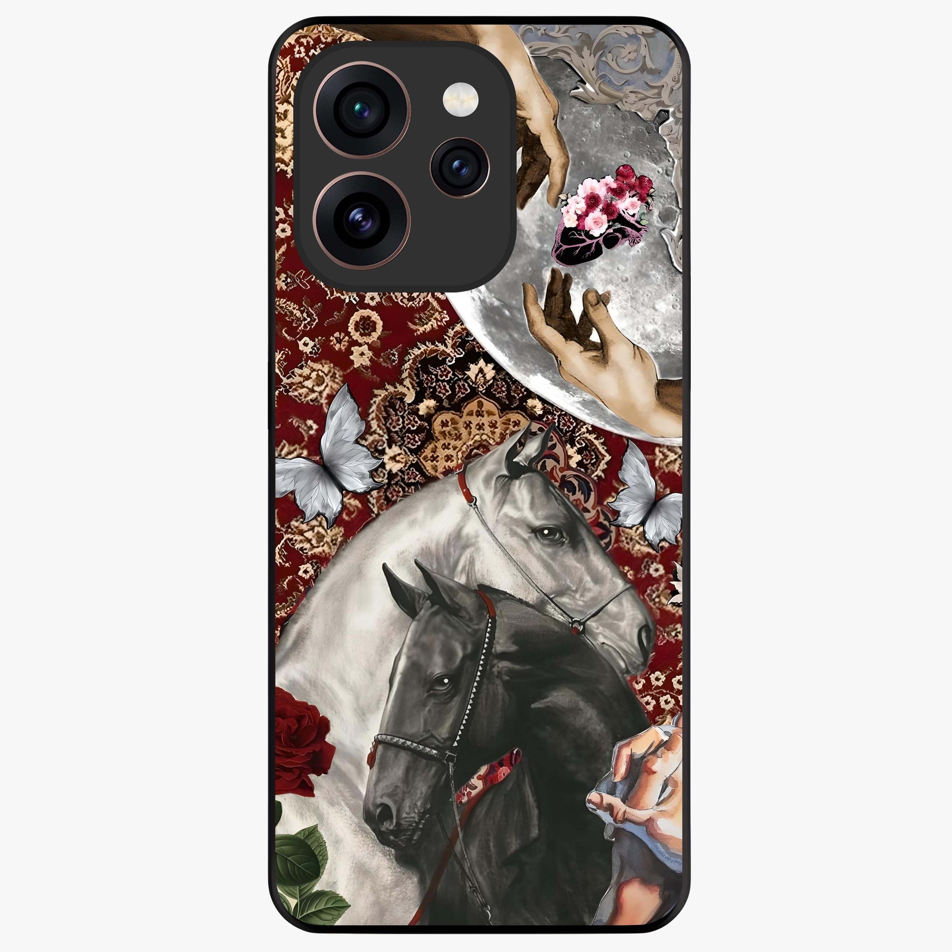 Moonlit Royal Stallion Glass Case showing flat back view with majestic horse under moonlight artwork and glossy glass finish.