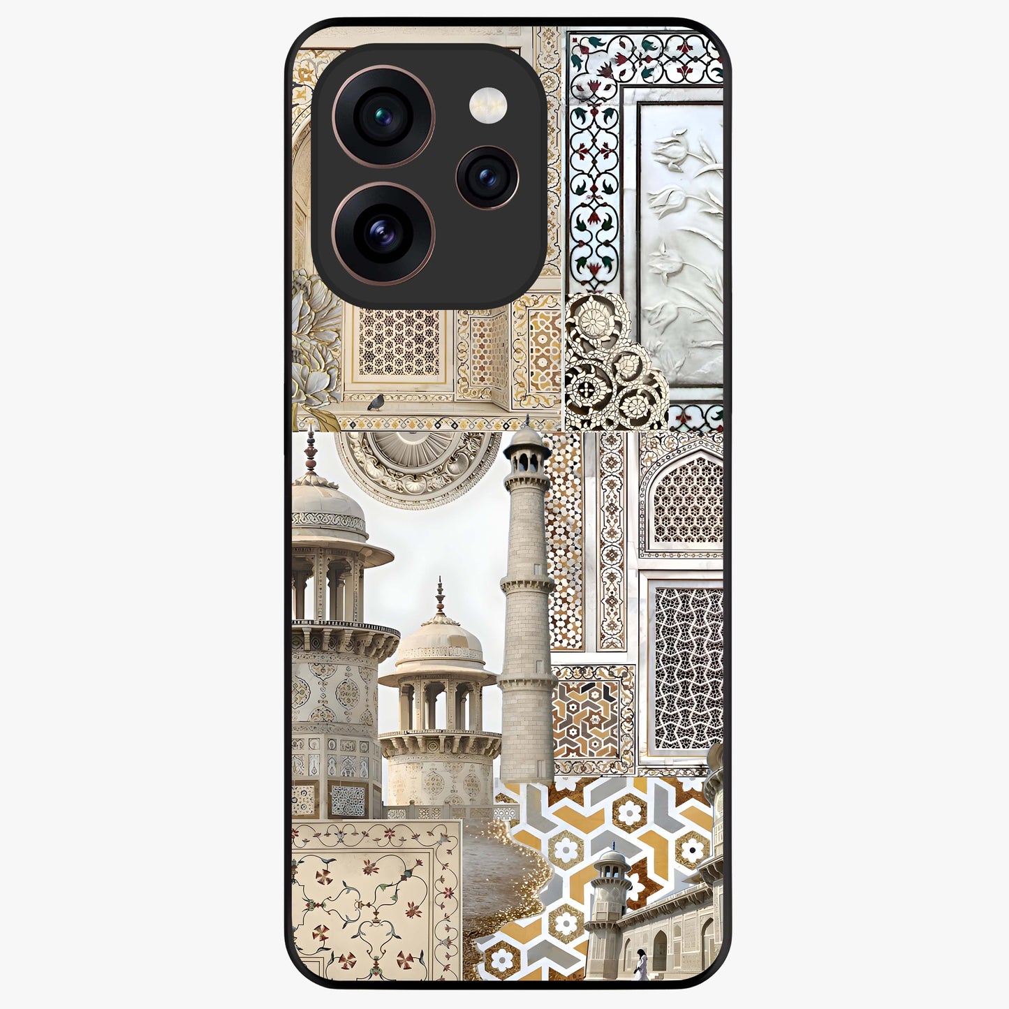 Mughal Marble Legacy Glass Case showing flat back view with intricate Mughal inspired marble pattern and glossy glass finish.