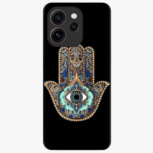 Mystic Hamsa Eye Glass Case showing flat back view with protective hamsa hand and evil eye artwork and glossy glass finish.
