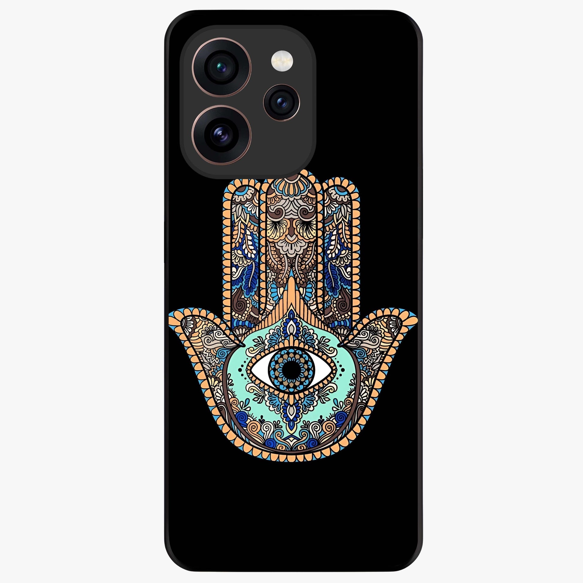 Mystic Hamsa Eye Glass Case showing flat back view with protective hamsa hand and evil eye artwork and glossy glass finish.