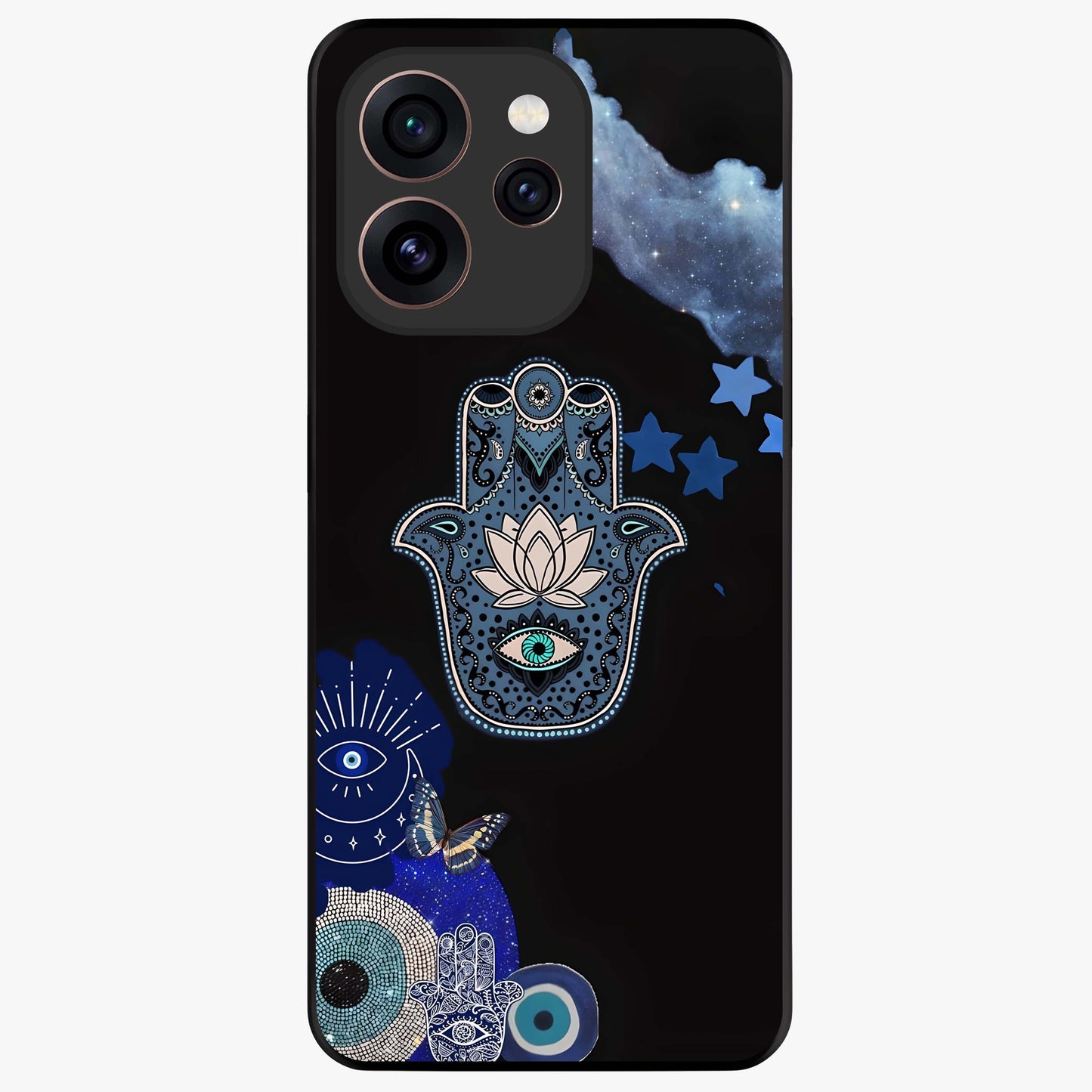 Mystic Hand Aura Glass Case showing flat back view with mystical hand symbol artwork and glossy glass finish.