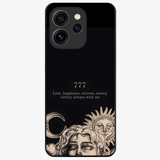 Mystic Victory Aura Glass Case showing flat back view with victory symbol artwork and glossy glass finish.
