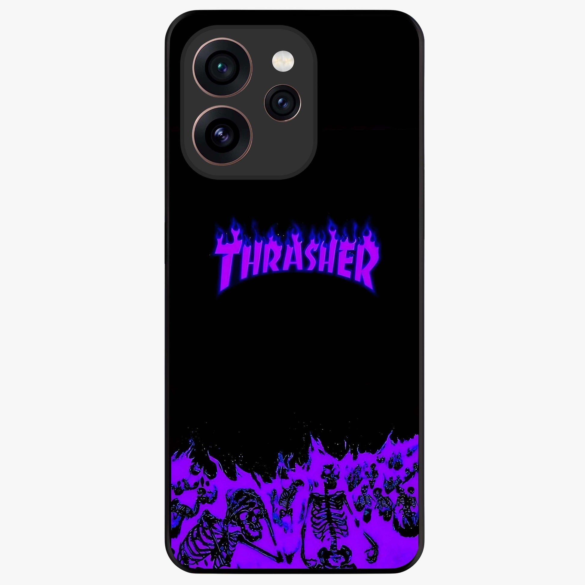 Neon Flame Riot Glass Case showing flat back view with neon flame artwork and glossy glass finish.
