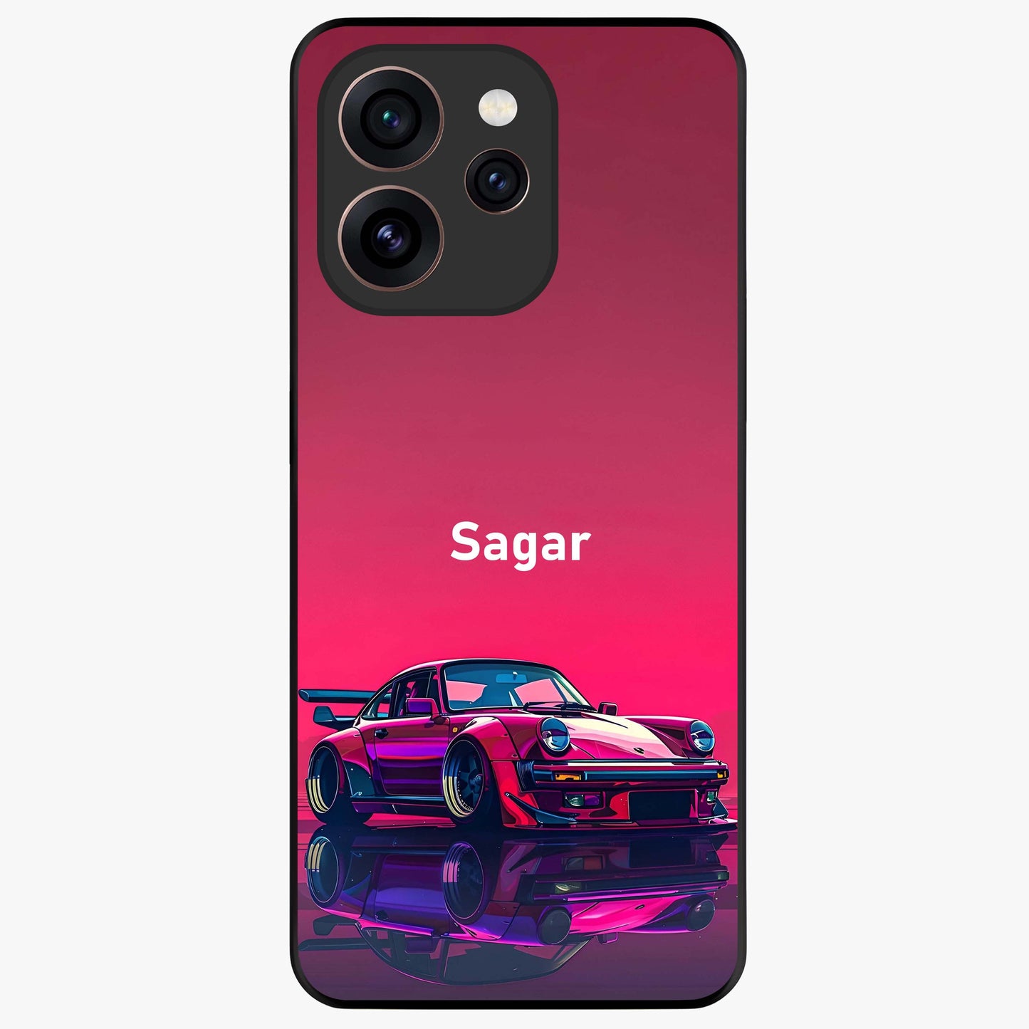 Neon Pink Porsche Glass Case showing flat back view with stylish sports car artwork and glossy glass finish.