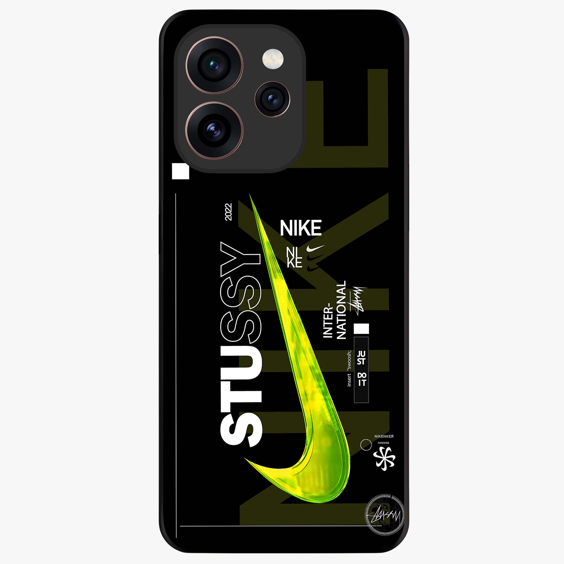 Neon Street Edition Glass Case showing flat back view with neon street style artwork and glossy glass finish.