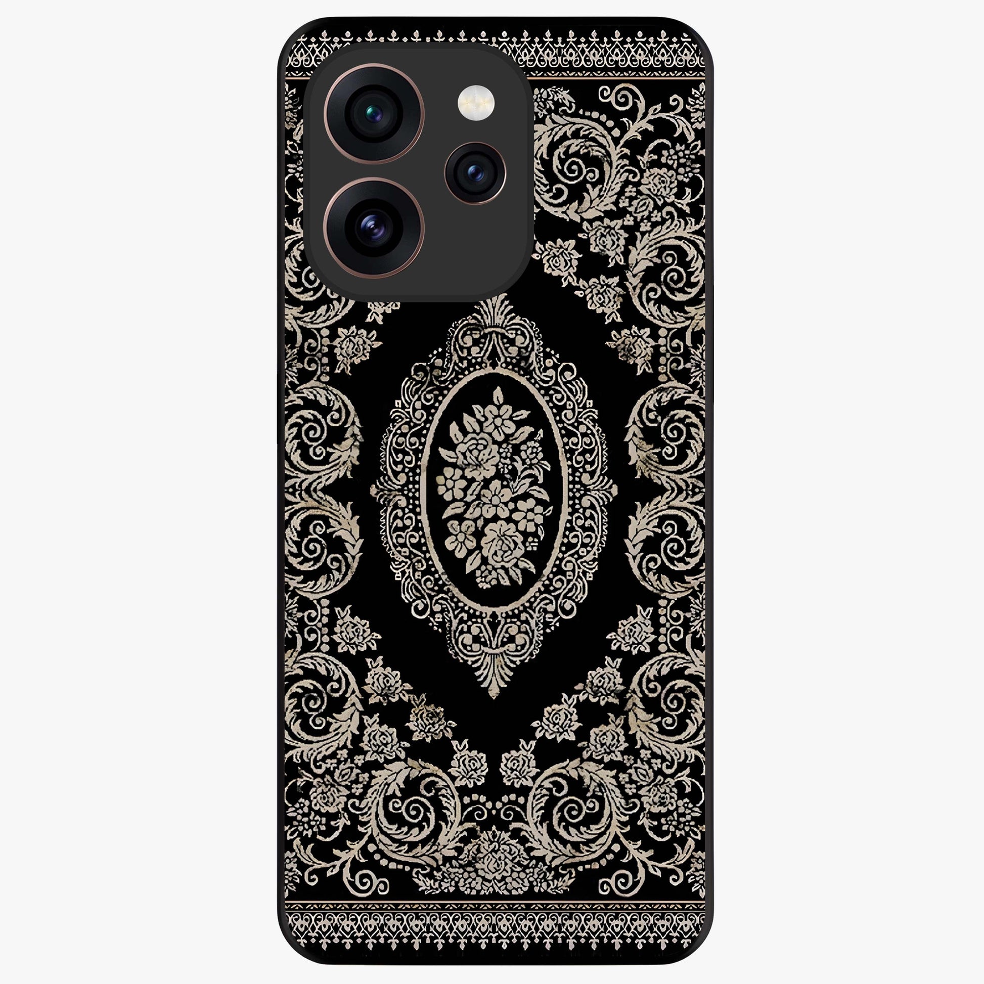 Noir Bloom Elegance Glass Case showing flat back view with elegant dark floral artwork and glossy glass finish.