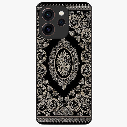 Noir Bloom Elegance Glass Case showing flat back view with elegant dark floral artwork and glossy glass finish.