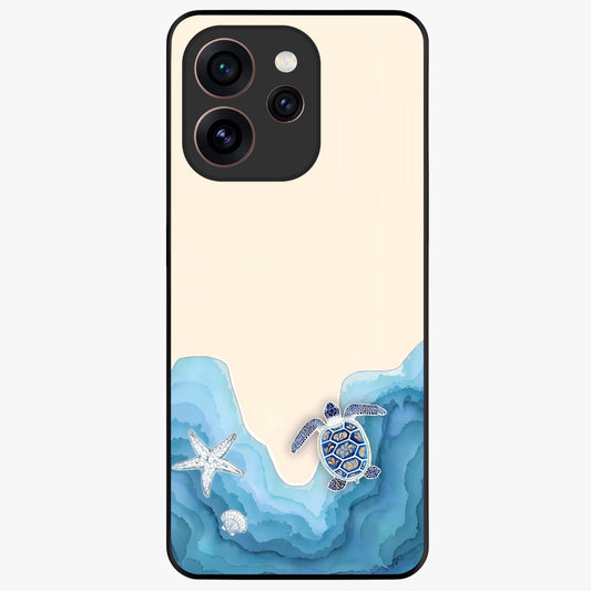 Ocean Drift Turtle Glass Case showing flat back view with sea turtle artwork and glossy glass finish.