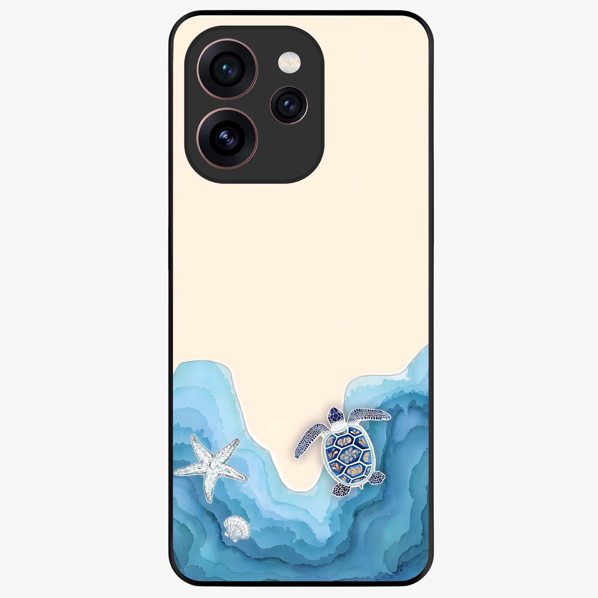 Ocean Drift Turtle Glass Case showing flat back view with sea turtle artwork and glossy glass finish.