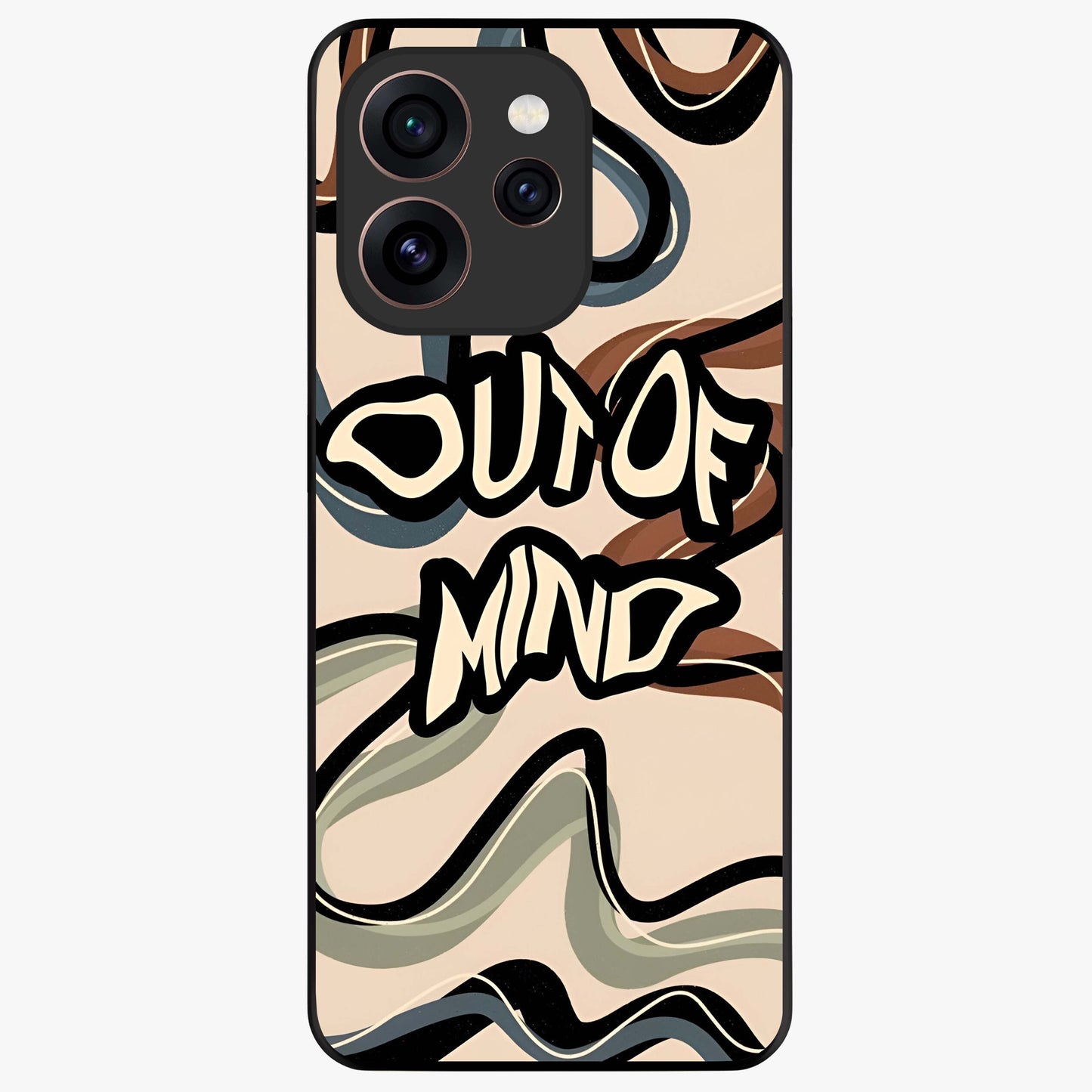 Out Of Mind Glass Case showing flat back view with expressive typography artwork and glossy glass finish.