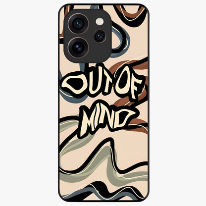 Out Of Mind Glass Case showing flat back view with expressive typography artwork and glossy glass finish.
