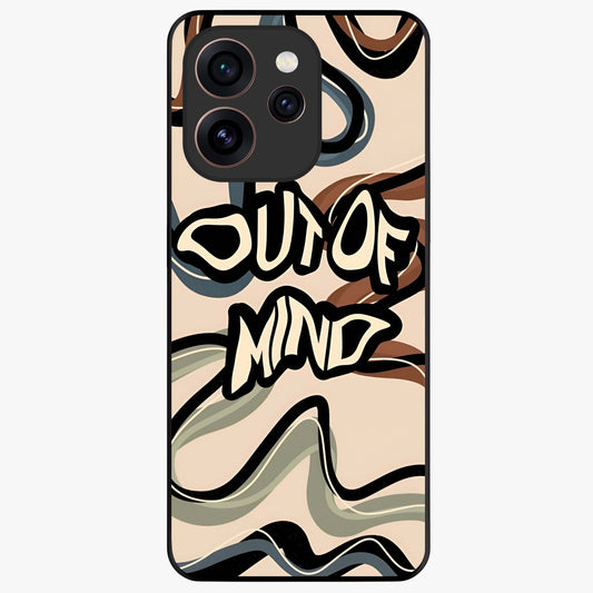 Out Of Mind Glass Case showing flat back view with expressive typography artwork and glossy glass finish.