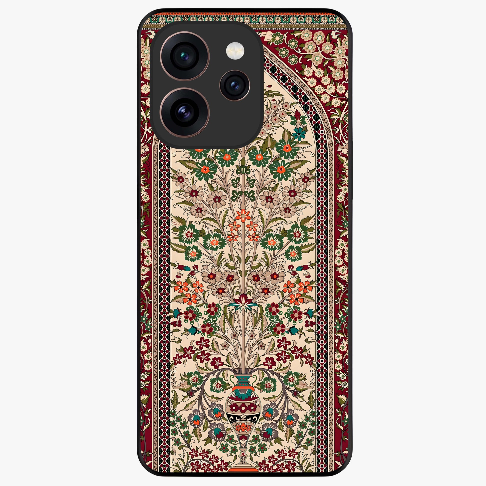 Persian Inspired Glass Case showing flat back view with ornate Persian style pattern artwork and glossy glass finish.