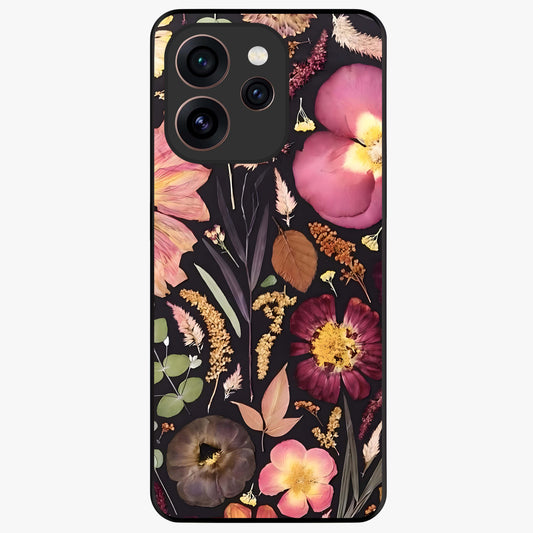 Petal Dream Tapestry Glass Case showing flat back view with intricate floral tapestry artwork and glossy glass finish.