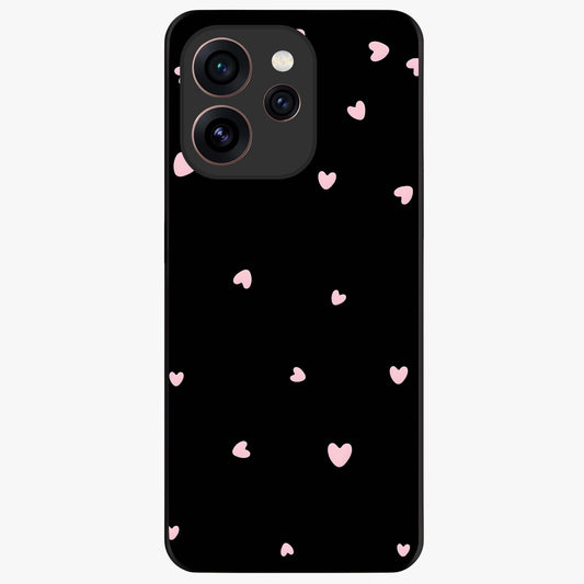 Pink Love Drops Glass Case showing flat back view with playful pink heart drops artwork and glossy glass finish.