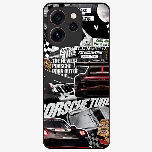 Porsche Racing Collage Glass Case showing flat back view with sports car racing collage artwork and glossy glass finish.