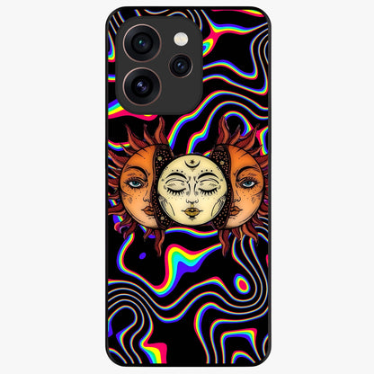 Psychedelic Sun Glass Case showing flat back view with colorful psychedelic sun artwork and glossy glass finish.