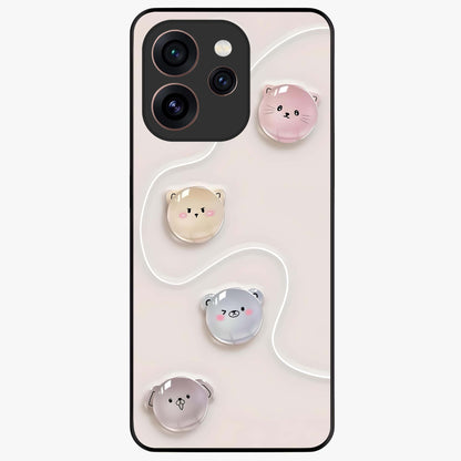 Puffy Face Parade Glass Case showing flat back view with cute puffy character faces artwork and glossy glass finish.