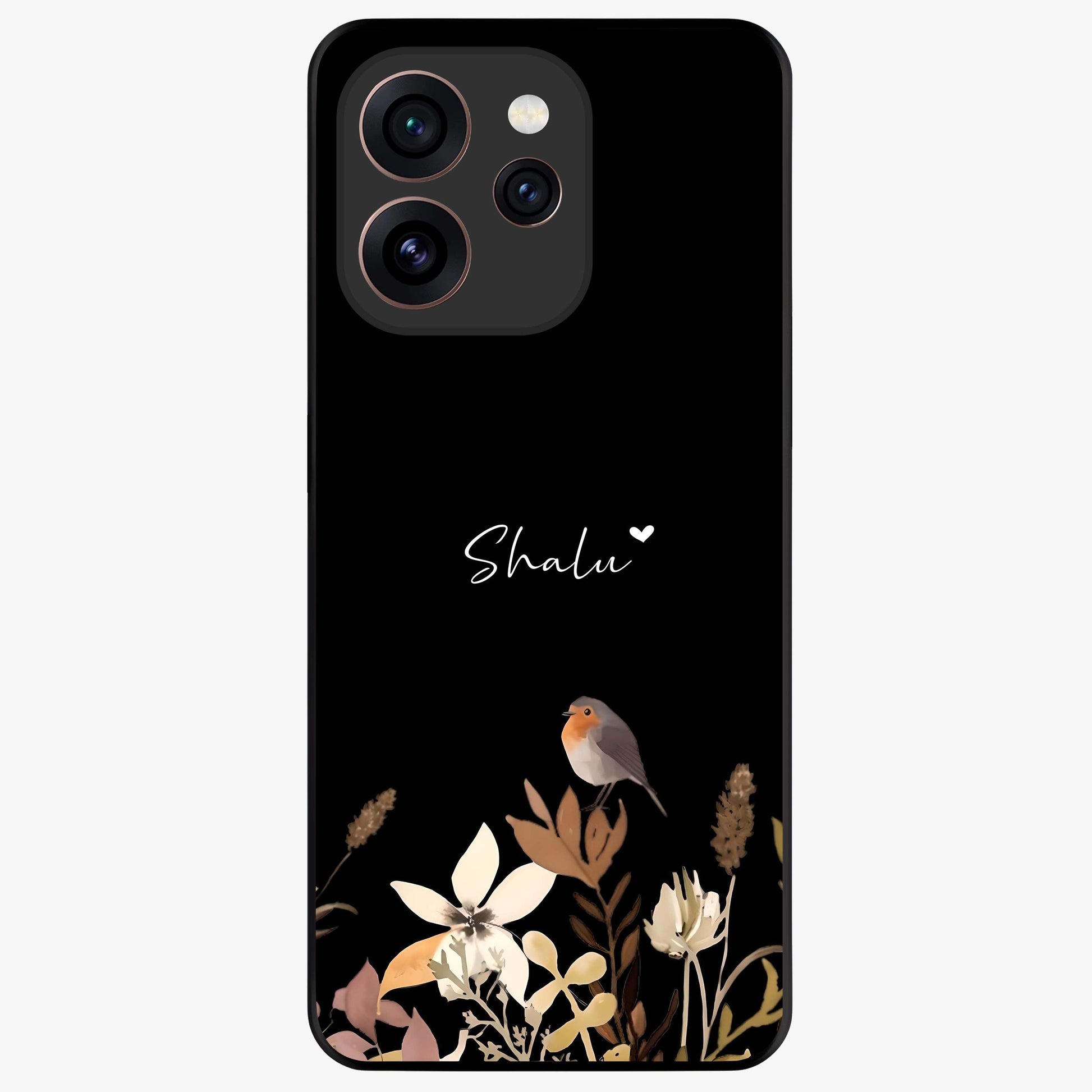 Quiet Garden Tune Custom Name Glass Case showing flat back view with peaceful garden artwork and personalized name design.